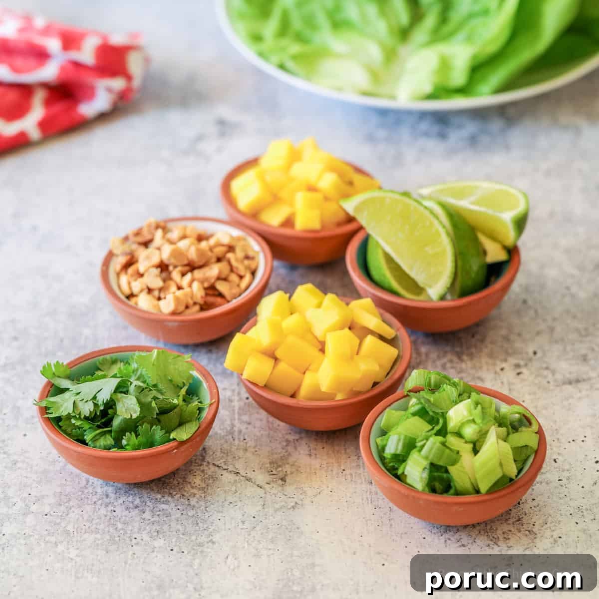 Jamaican Jerk Chicken Lettuce Wraps with Mango Salsa 4 Small bowls filled with mango, green onions, cilantro, limes and peanuts.