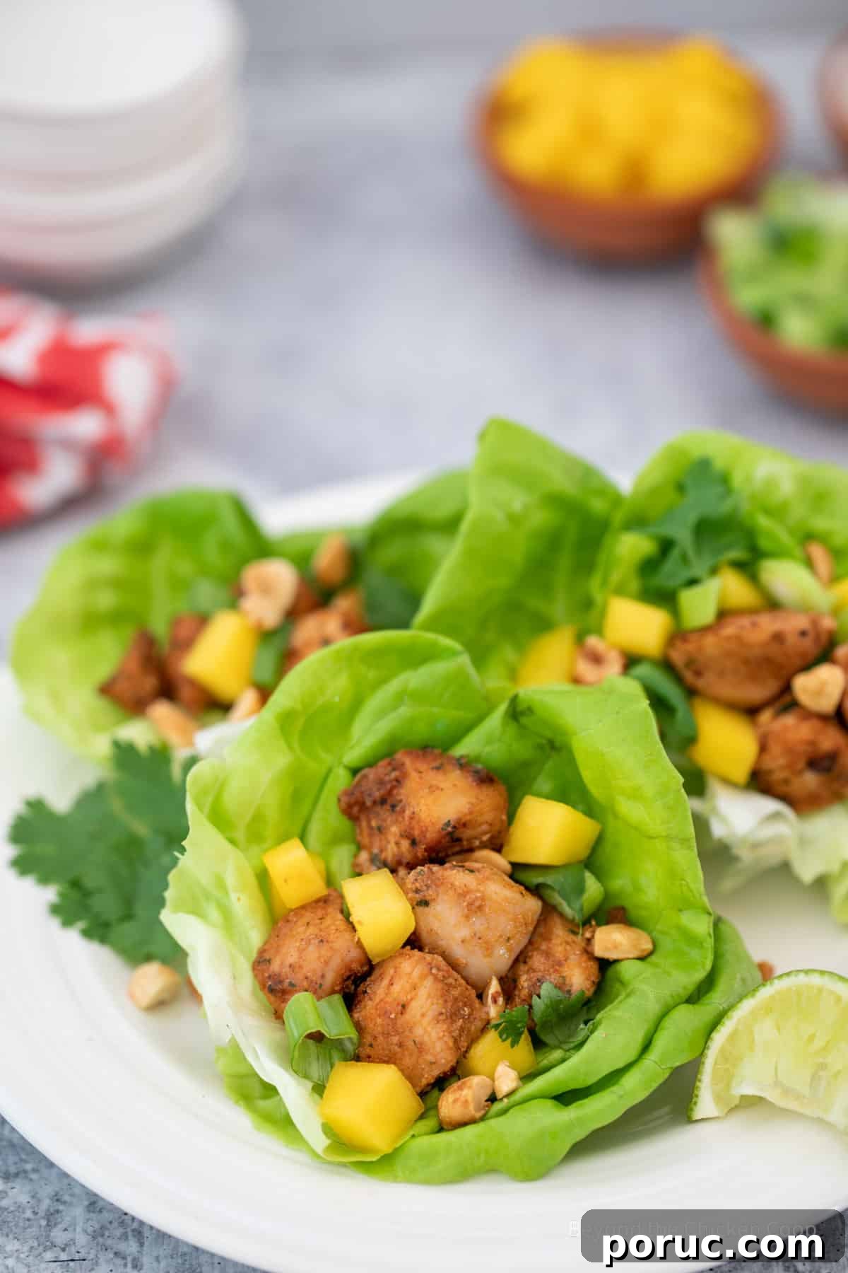 Jamaican Jerk Chicken Lettuce Wraps with Mango Salsa 8 Chicken lettuce wraps on a plate.