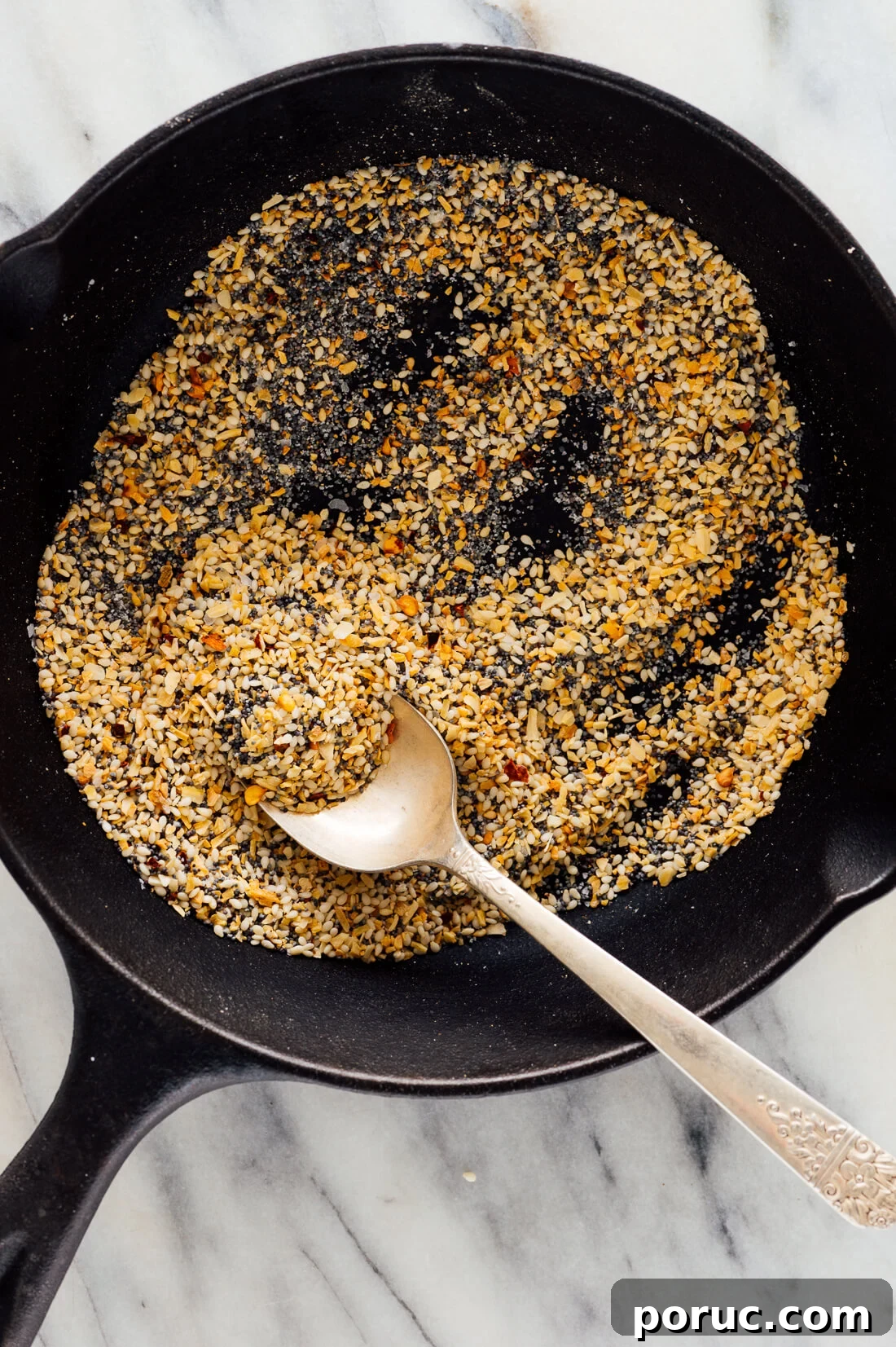 Everything Bagel Seasoning Recipe & Uses for Cooking and Snacks 4 everything bagel seasoning in skillet