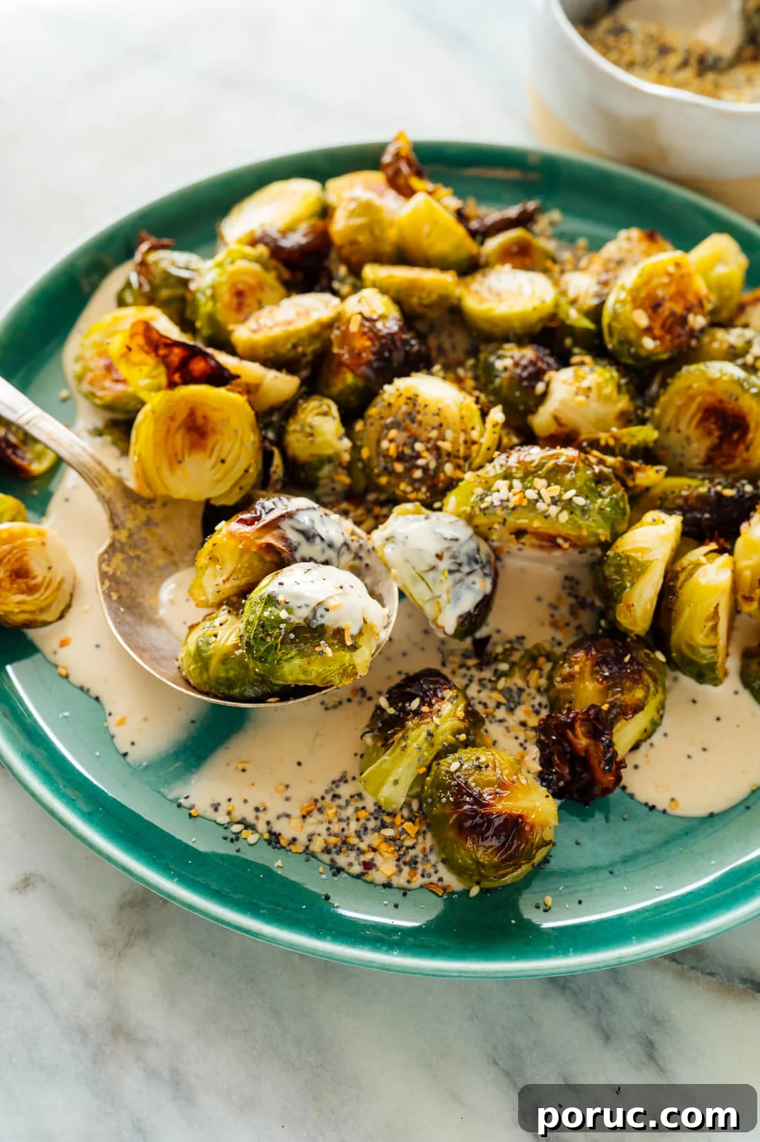 Everything Bagel Seasoning Recipe & Uses for Cooking and Snacks 6 Roasted Brussels sprouts variation with tahini sauce