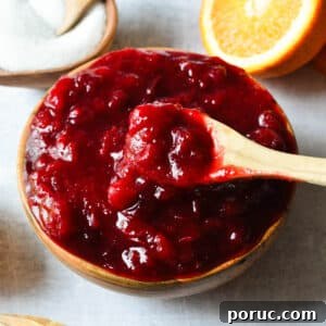 a bowl of cranberry sauce with a spoon in it.