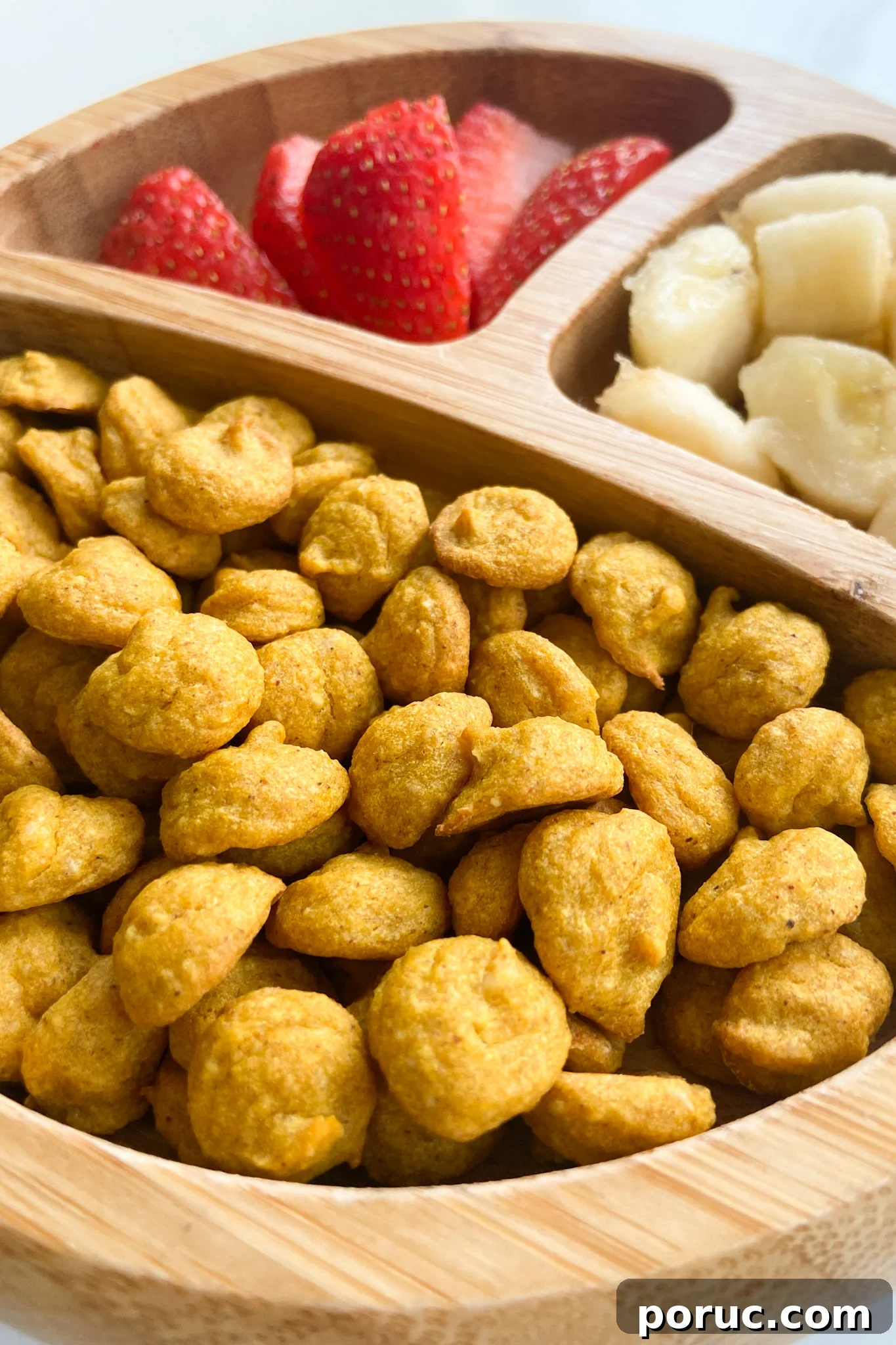 Homemade Pumpkin Baby Puffs: Soft Finger Food for Infants 4 Pumpkin puffs served with strawberries and bananas