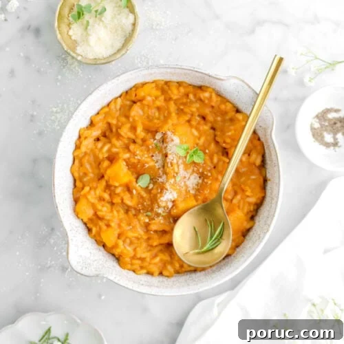 Creamy Roasted Butternut Squash Risotto Recipe 11 butternut squash risotto in bowl with gold spoon on top, a bowl of grated cheese beside, a glass of wine, and white napkin.