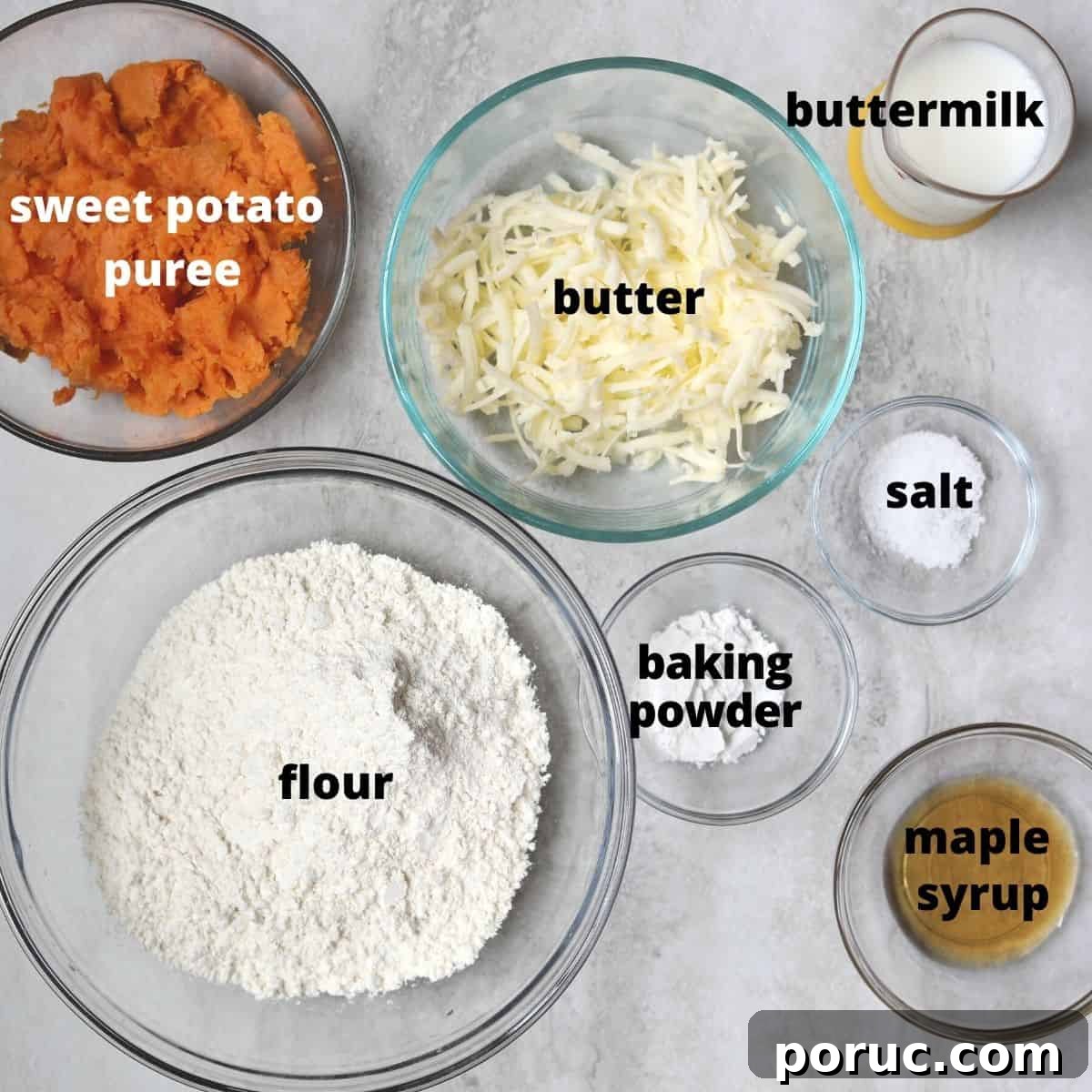 Ingredients for sweet potato biscuits labeled.
