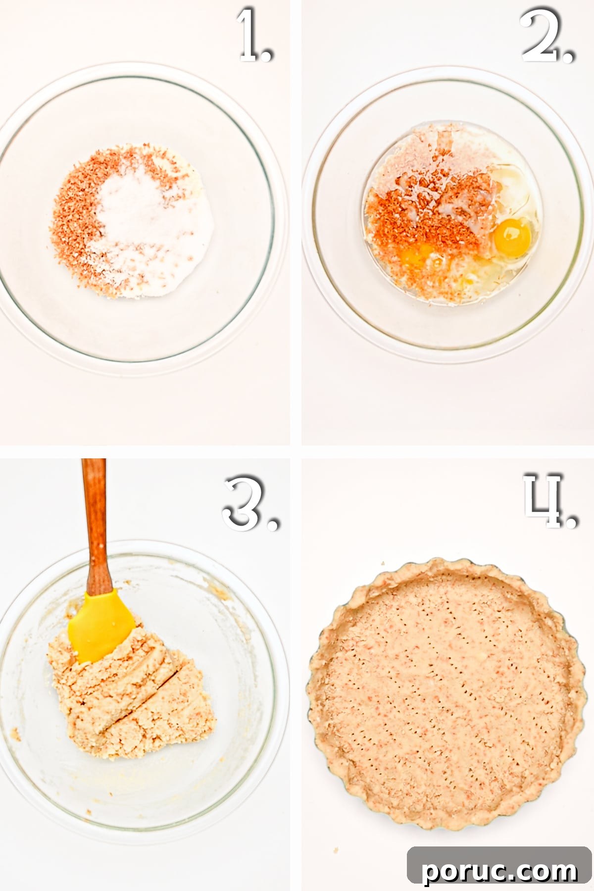A four panel in process timeline with clear glass bowl on a bright white background showing the steps for making a low carb coconut crust