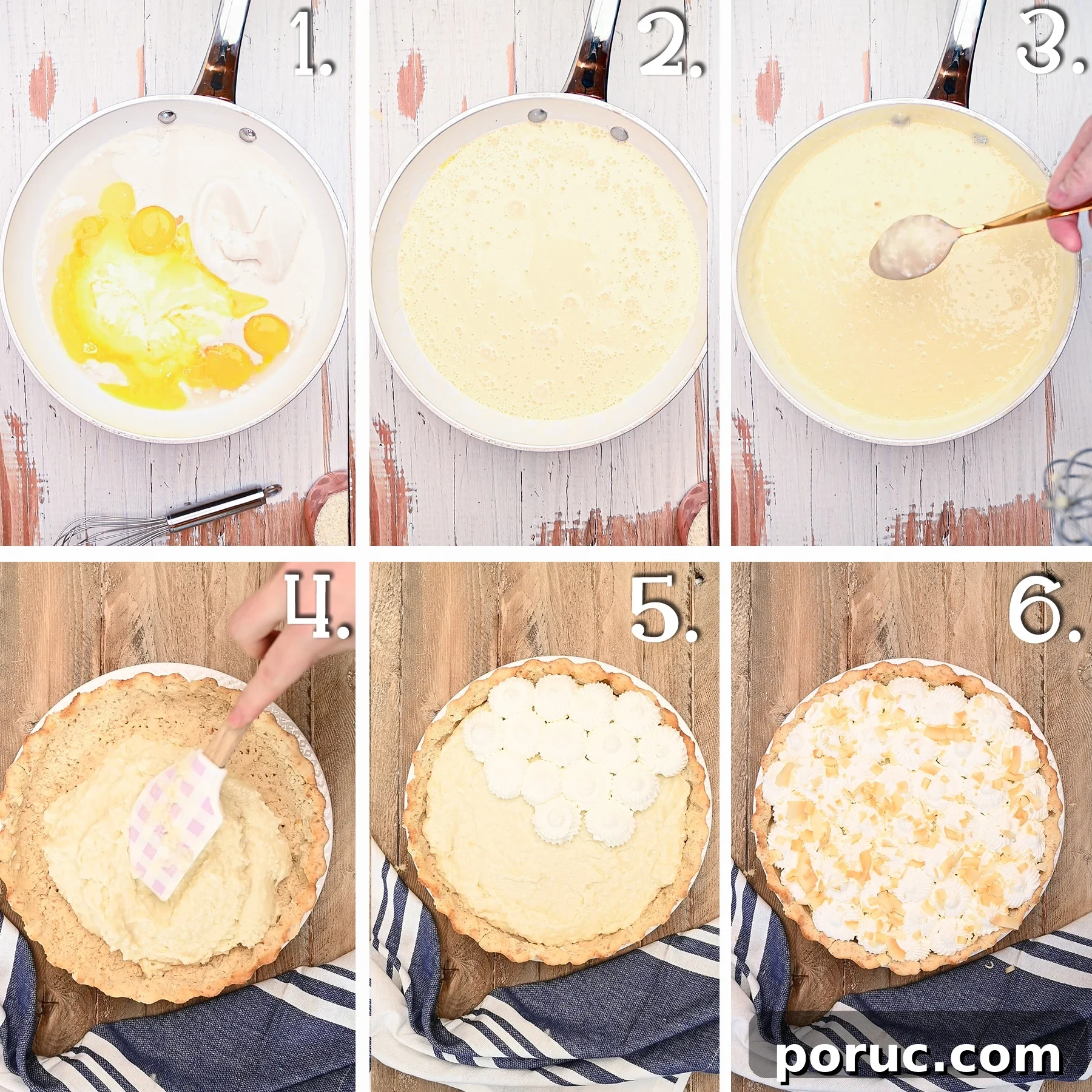 Six panel in process shot showing the time line between making the coconut cream pie filling, filling the crust, and topping it with whip cream stars and toasted coconut.