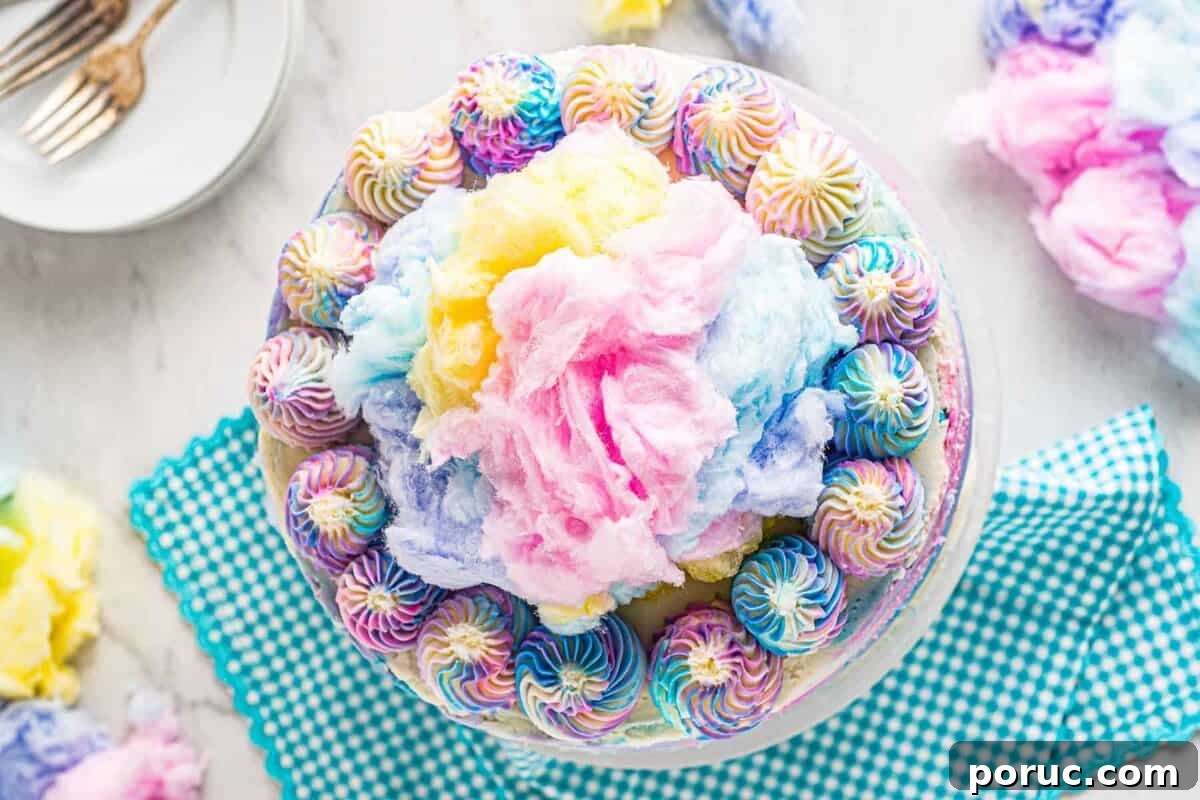 Whipped Cotton Candy Cake Recipe for Celebratory Parties 12 overhead image of decorated cotton candy cake