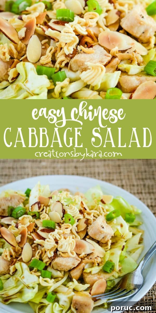 Chinese Cabbage Salad . . . cabbage, lettuce, chunks of chicken, a light Asian dressing, and crunchy ramen noodle topping give this salad incredible taste and texture! easy chinese cabbage salad recipe collage
