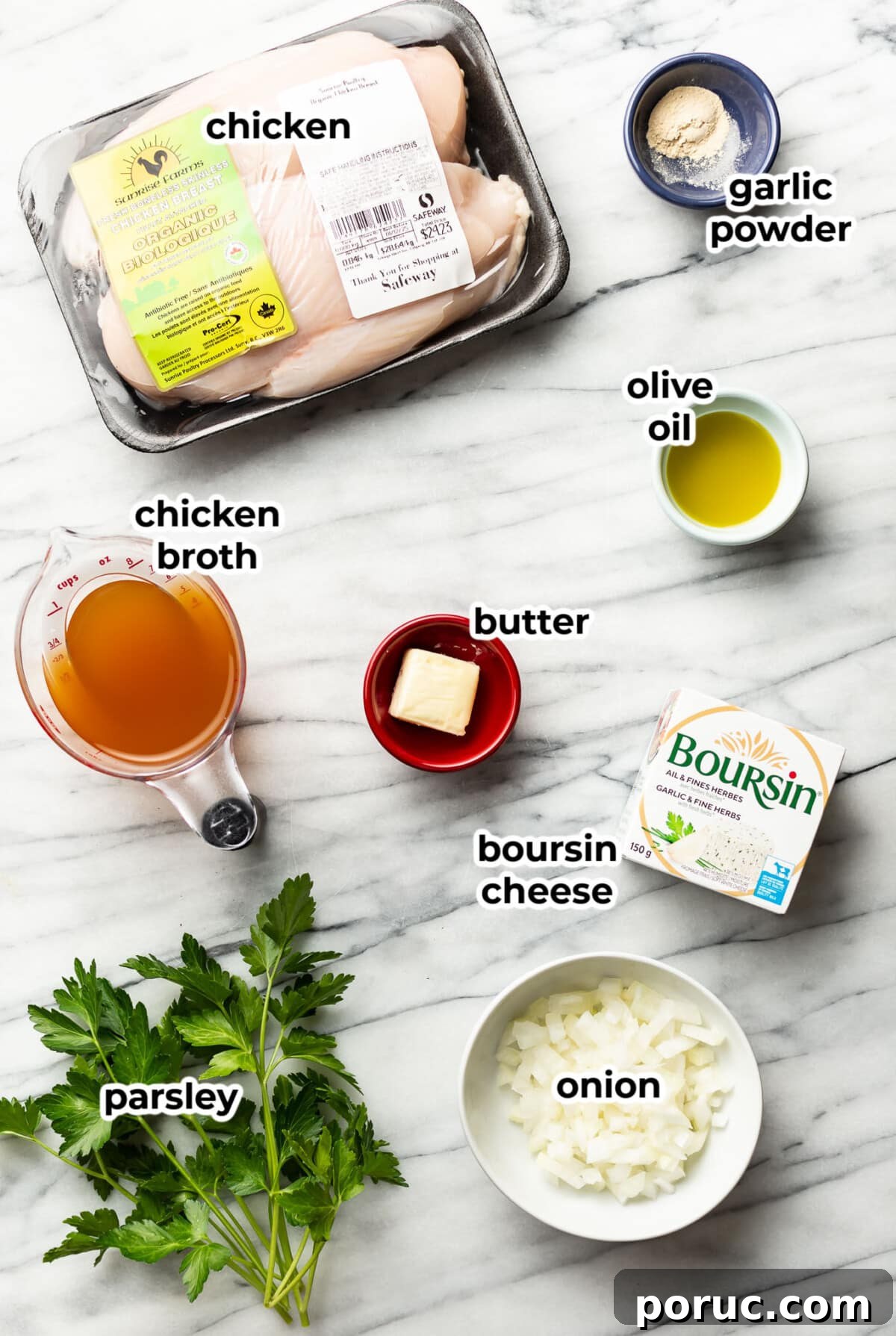 Creamy Boursin Chicken with Garlic and Herbs 3 ingredients for boursin chicken in prep bowls