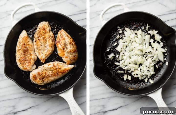 Creamy Boursin Chicken with Garlic and Herbs 4 pan frying chicken and sauteing onions