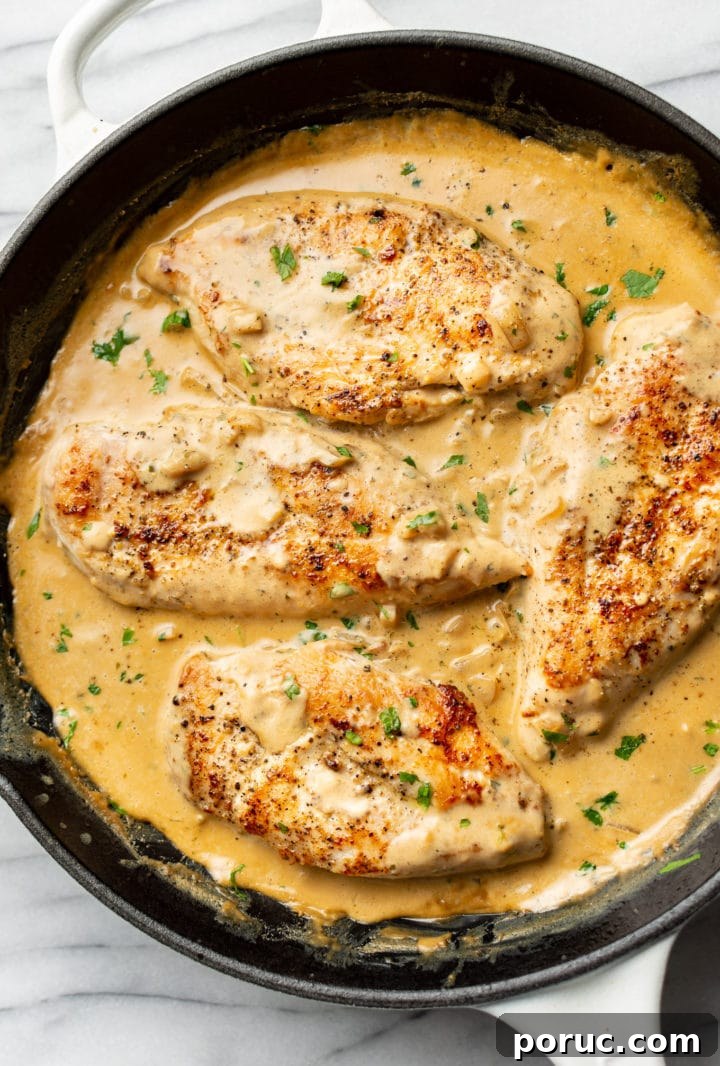 Creamy Boursin Chicken with Garlic and Herbs 6 close-up of Boursin chicken in a skillet