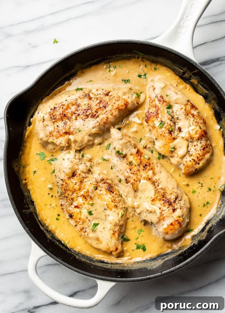 Creamy Boursin Chicken with Garlic and Herbs 7 creamy Boursin chicken in a white cast iron skillet