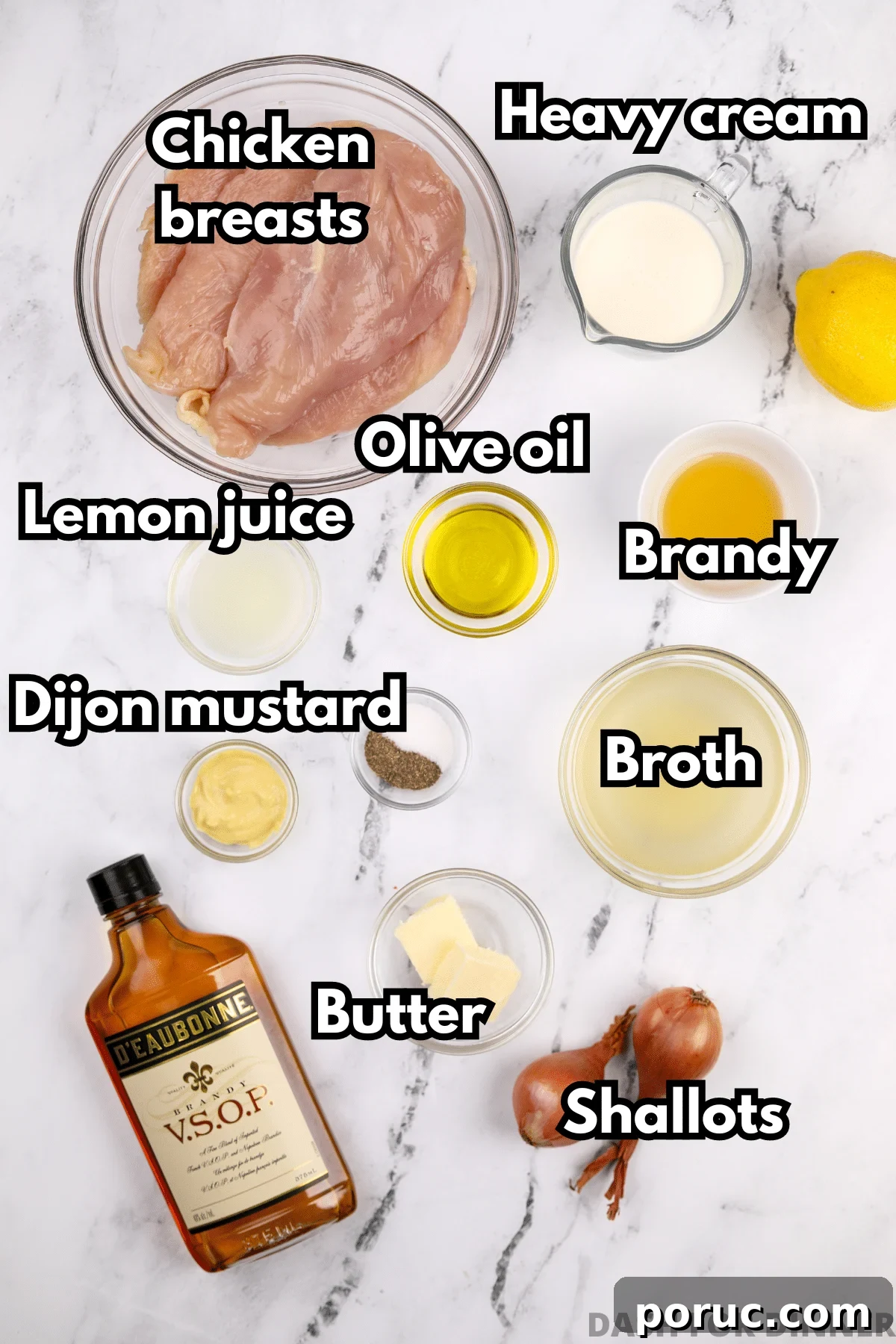 The ingredients needed to make chicken diane, including brandy, broth, mustard, olive oil, and butter.
