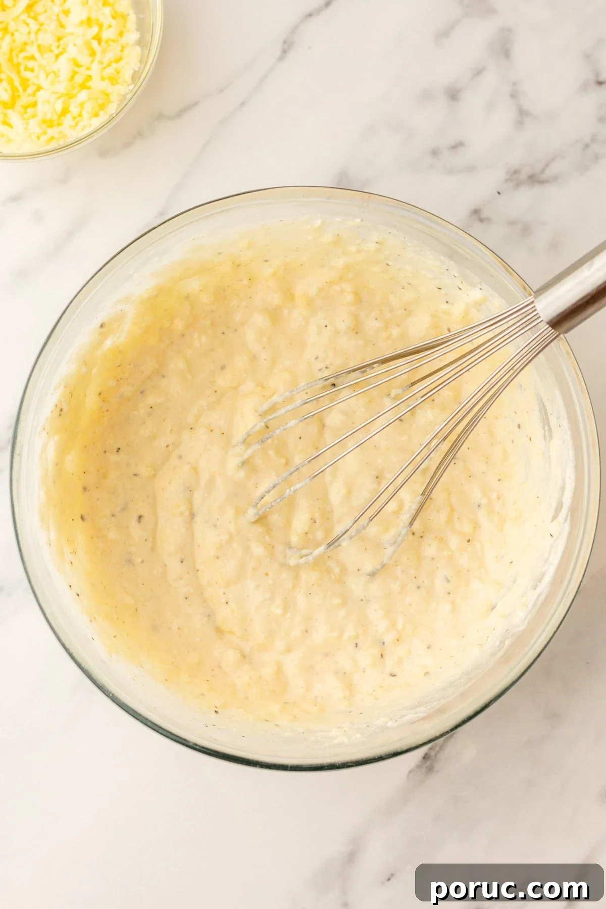 An overhead image of whipping up the ricotta cheese sauce in a bowl.