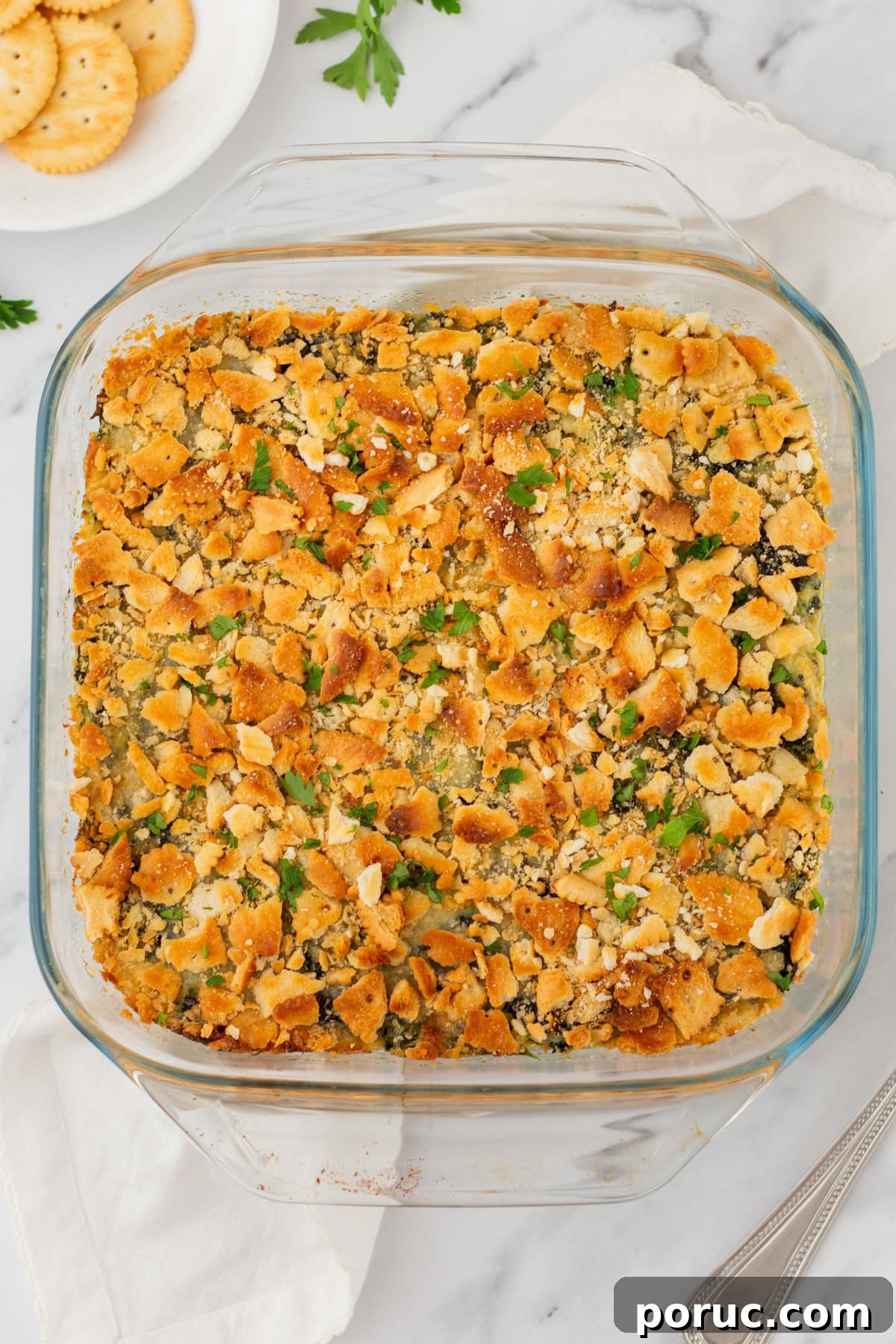 An overhead image of baked casserole in  baking dish. 