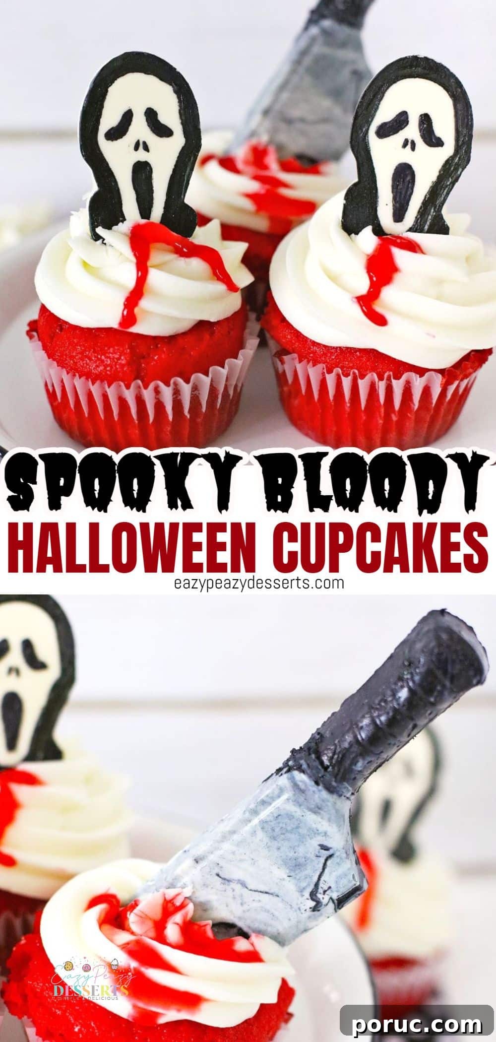 Bloody Halloween Cupcakes with Scream Faces and Knife Toppers 7 Photo collage of Halloween cupcakes decorated with chocolate scream and knife decorations