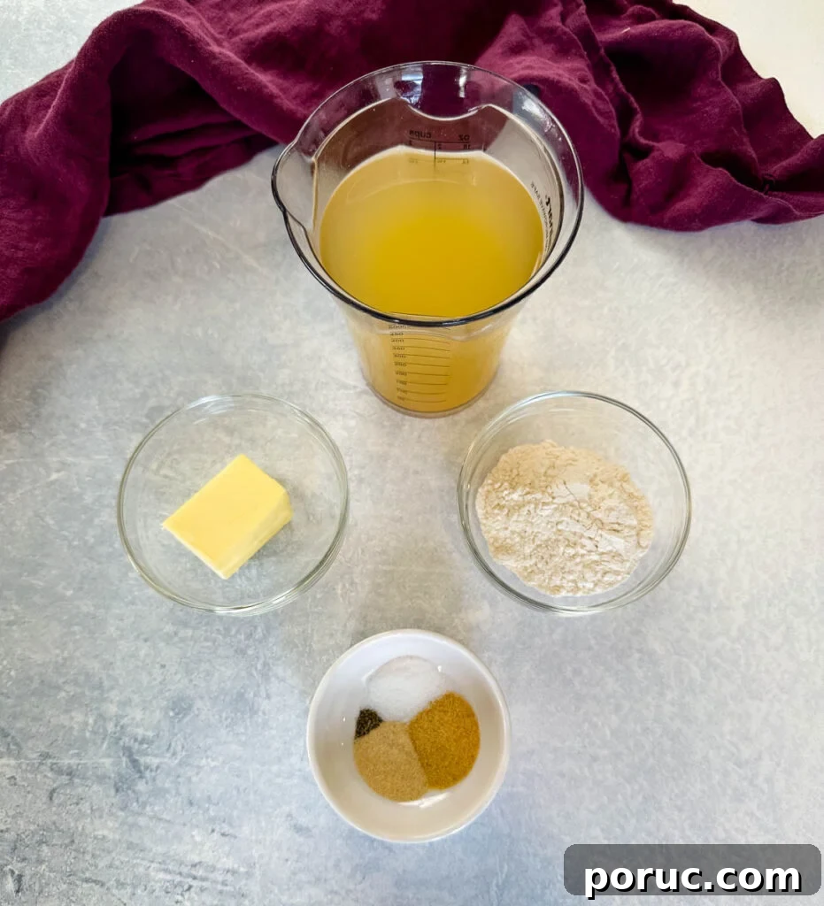 Creamy Southern-Style Yellow Gravy Without Drippings 3 broth, butter, flour, and spices in separate bowls