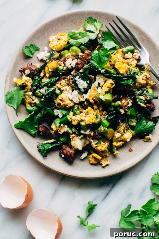 Chorizo and Asparagus Scrambled Eggs Recipe for Busy Mornings 2 Made with only 5 ingredients, this easy chorizo and asparagus scramble is a breakfast hero. Plus it's healthy, quick and SUPER easy to make!
