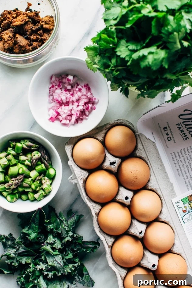 Chorizo and Asparagus Scrambled Eggs Recipe for Busy Mornings 3 Ingredients for this easy chorizo and asparagus scramble. Made with only 5 ingredients, it's a breakfast hero. Plus it's healthy, quick and SUPER easy to make!