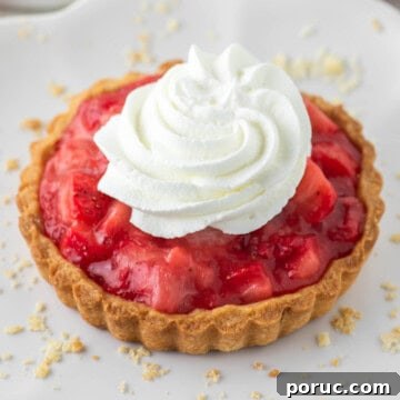 Mini strawberry tart with whipped cream on top on plate.