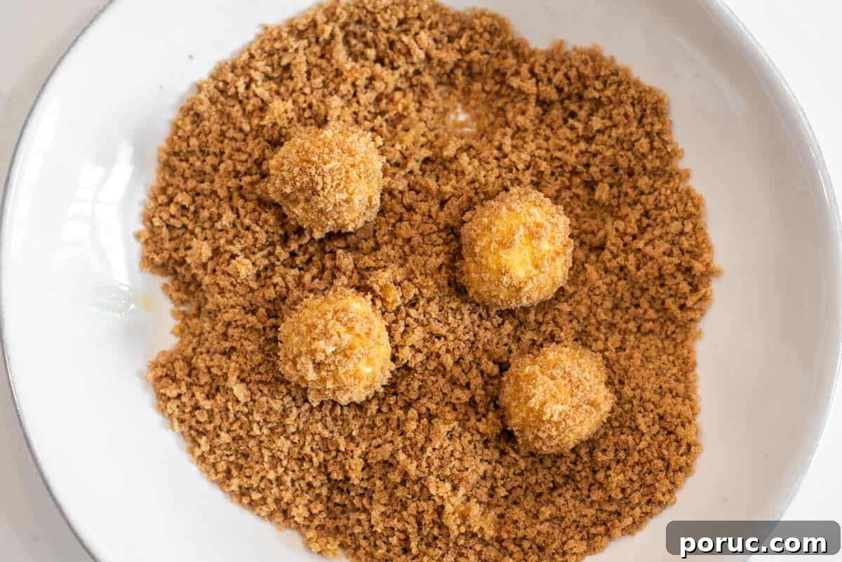 Crispy Fried Goat Cheese Balls with Honey Dip 7 Goat cheese balls coated in breadcrumbs in bowl.