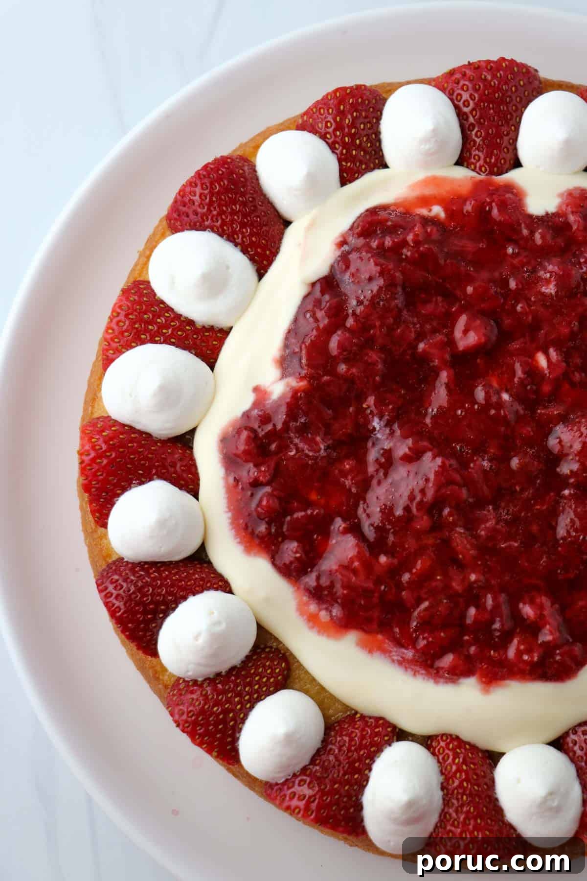 Vanilla Layer Cake with Strawberry Filling — Swedish Midsummer Cake 16 Cake topped with strawberries, whipped cream, pastry cream and roasted strawberries.