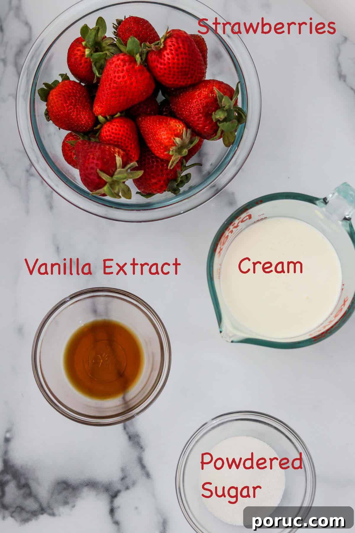 Vanilla Layer Cake with Strawberry Filling — Swedish Midsummer Cake 6 Labeled ingredients for assembling strawberry cake.