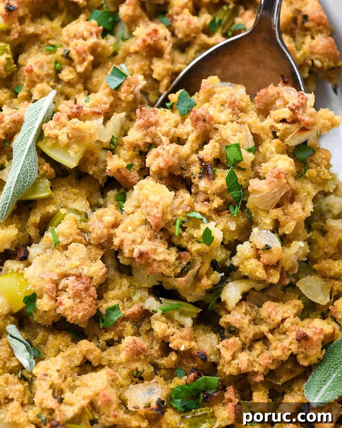 Southern Cornbread Dressing Recipe — Classic Holiday Side Dish 11 up close view of a spoon taking a scoop of Cornbread Dressing out of a baking dish