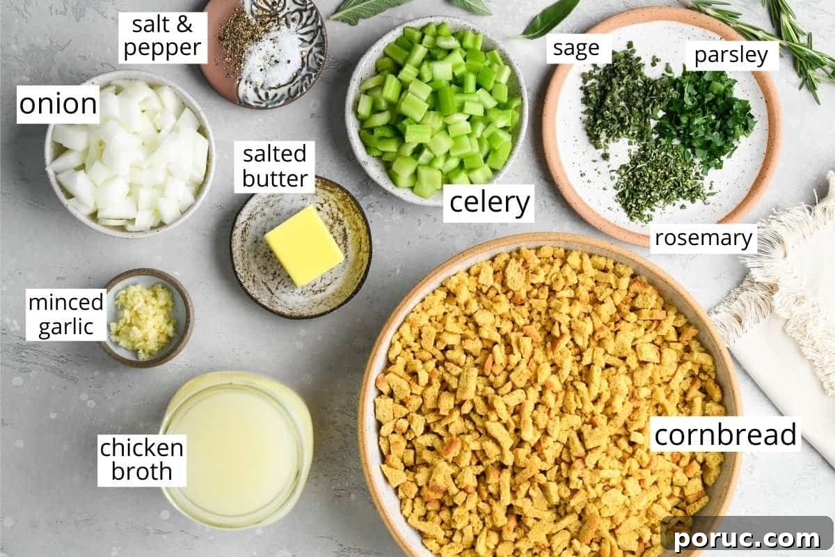 Southern Cornbread Dressing Recipe — Classic Holiday Side Dish 4 overhead view of the ingredients in this Cornbread Dressing recipe