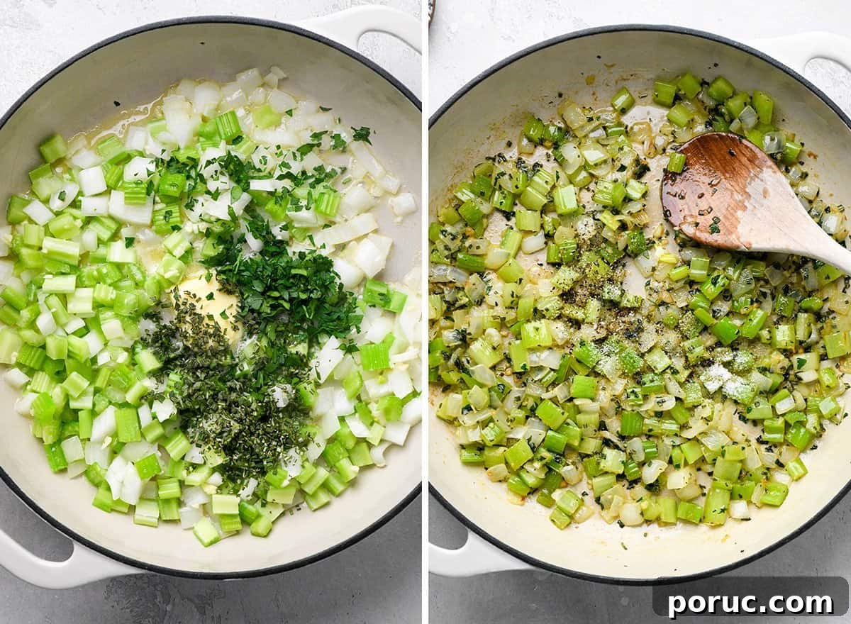 Southern Cornbread Dressing Recipe — Classic Holiday Side Dish 7 two photos showing vegetables and herbs cooking to make cornbread stuffing