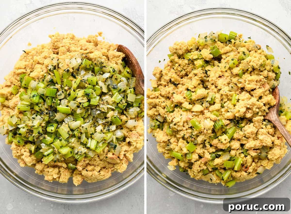 Southern Cornbread Dressing Recipe — Classic Holiday Side Dish 8 two photos showing How to Make Cornbread Dressing - combining stuffing mixture with vegetables and herbs