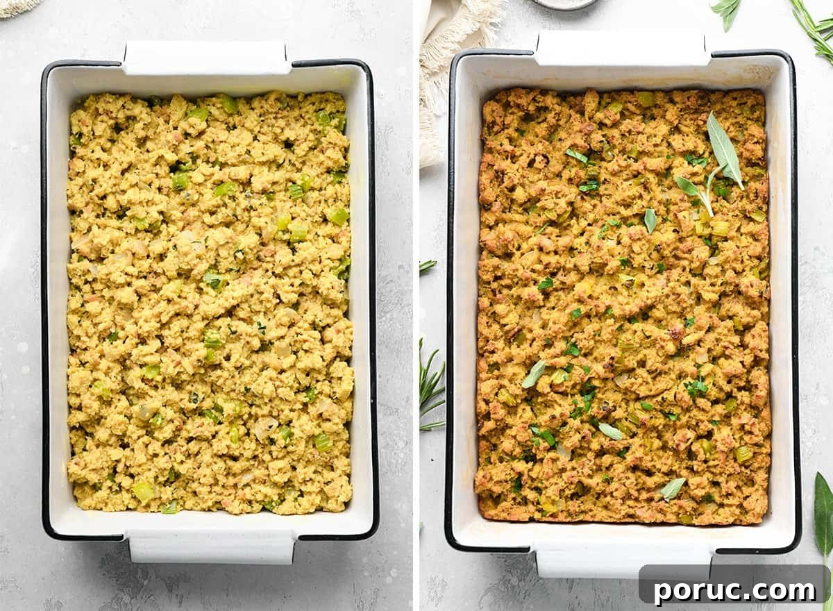 Southern Cornbread Dressing Recipe — Classic Holiday Side Dish 9 two photos showing How to Make Cornbread Dressing - before and after baking
