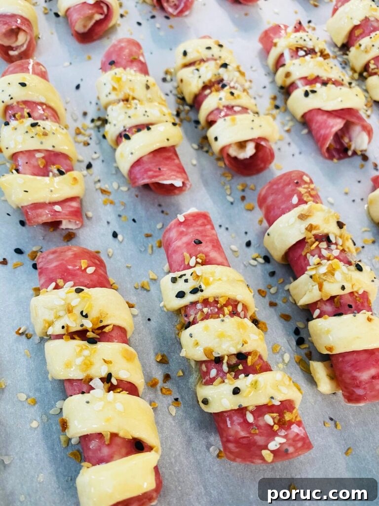 Savory Crescent Salami Roll-Ups for Appetizers and Parties 9 Crescent Wrapped Salami Rolls before cooking