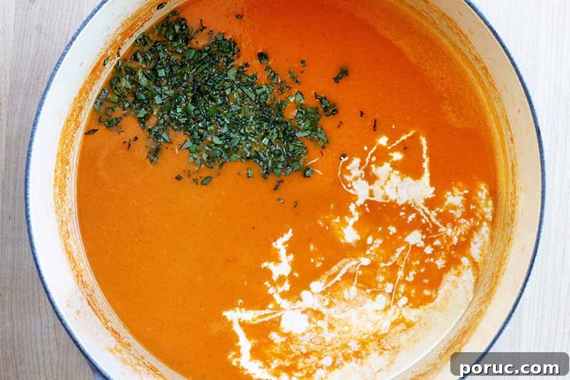 Creamy Tomato Basil Bisque That Elevates Classic Comfort Food 14 Top-down closely cropped shot of a stockpot filled with orange soup, with finely minced basil and white cream sprinkled and drizzled on top, to the left and right of the pot, on a beige countertop.