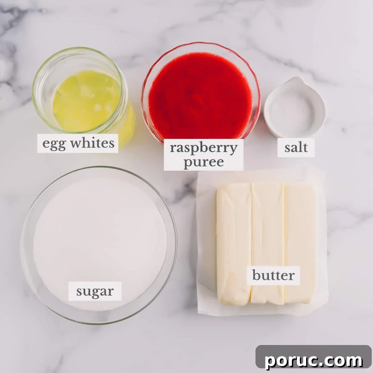 Egg whites, raspberry puree, salt, butter, and sugar to make raspberry Swiss buttercream.