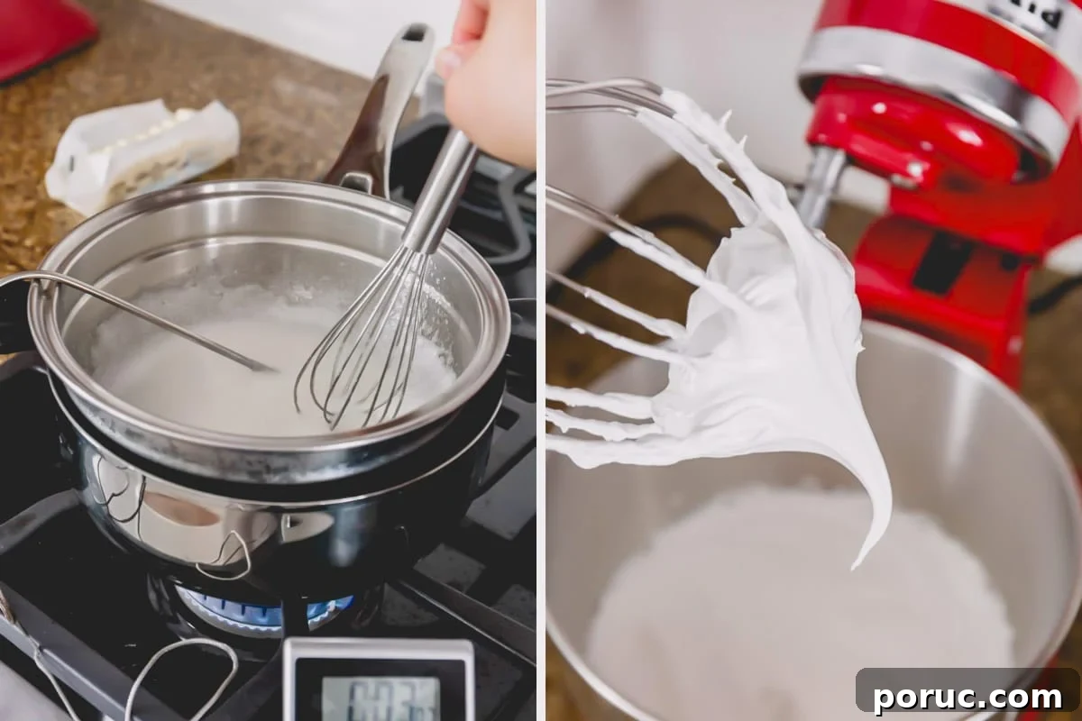 Two images showing the process of whipping egg whites.