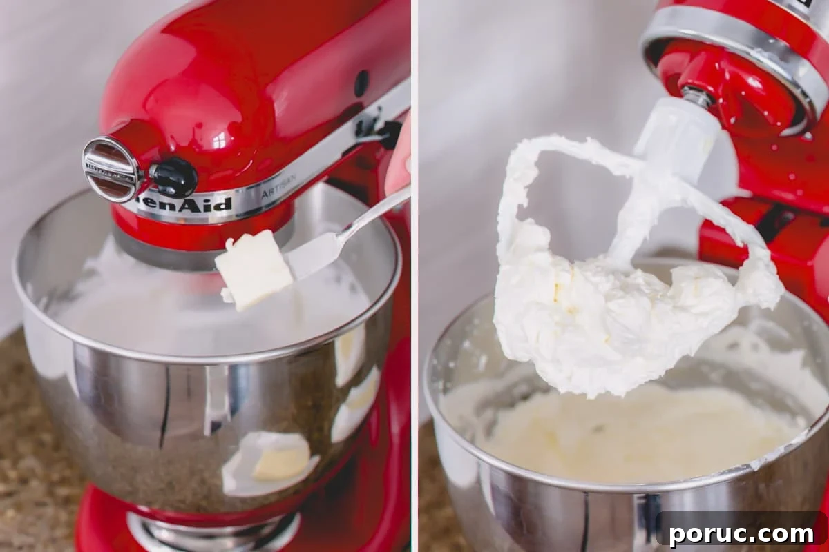 Butter being added to whipped egg whites for buttercream.