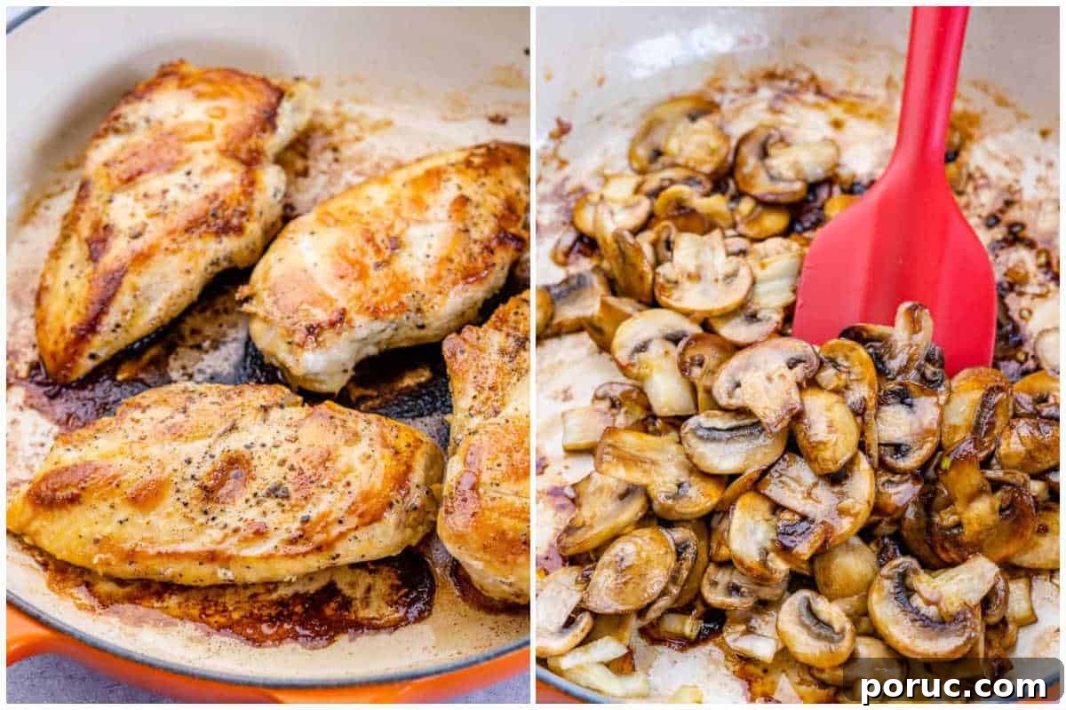 process shot to cook the chicken and saute the mushrooms.