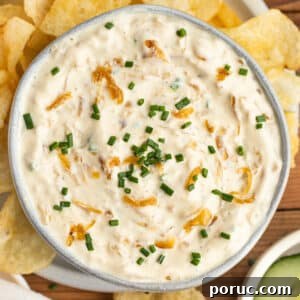 Creamy Caramelized Onion Dip with Greek Yogurt 14 This is a square picture of a bowl filled of caramelized greek yogurt onion dip.