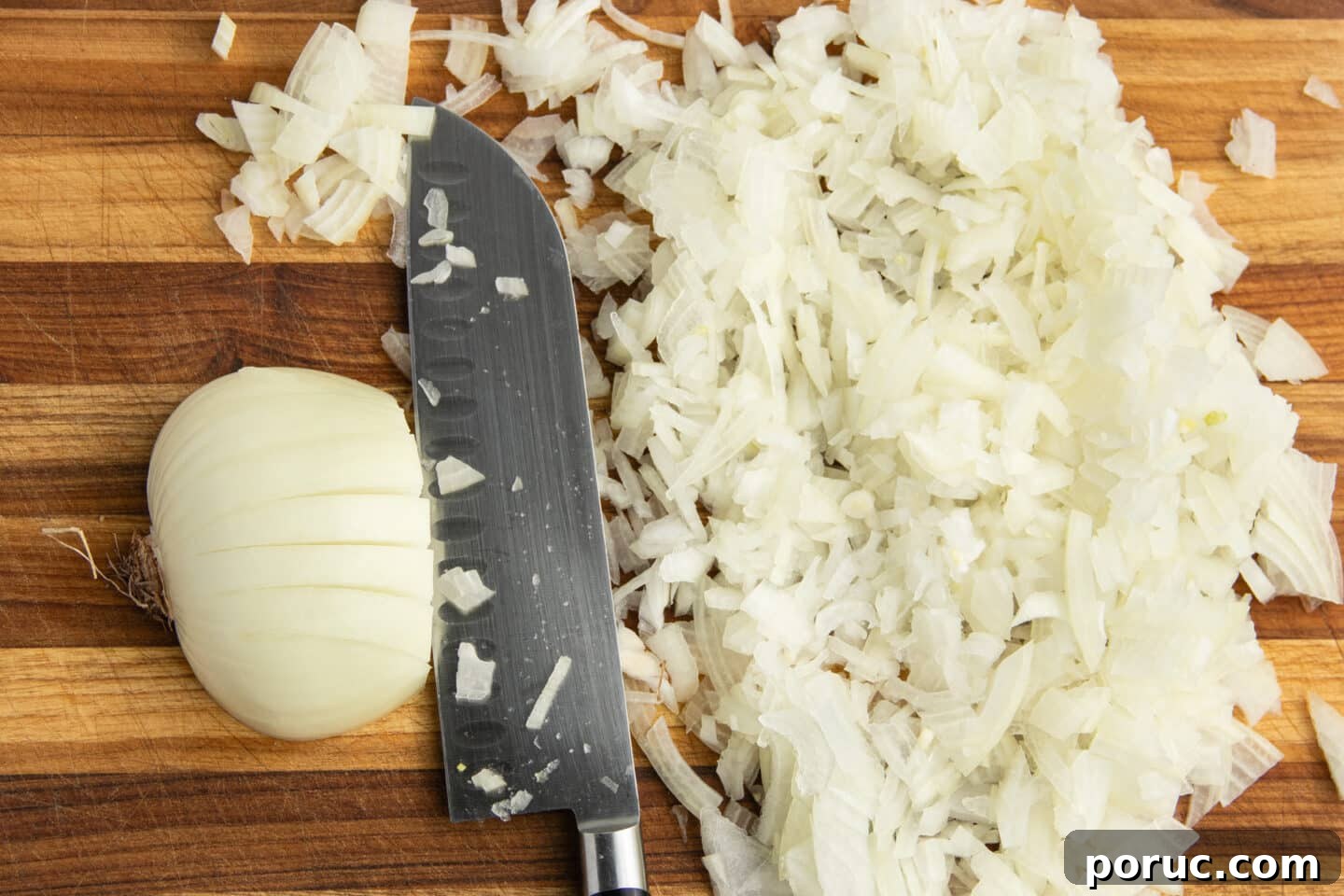 Creamy Caramelized Onion Dip with Greek Yogurt 5 This is a picture of onions being chopped.