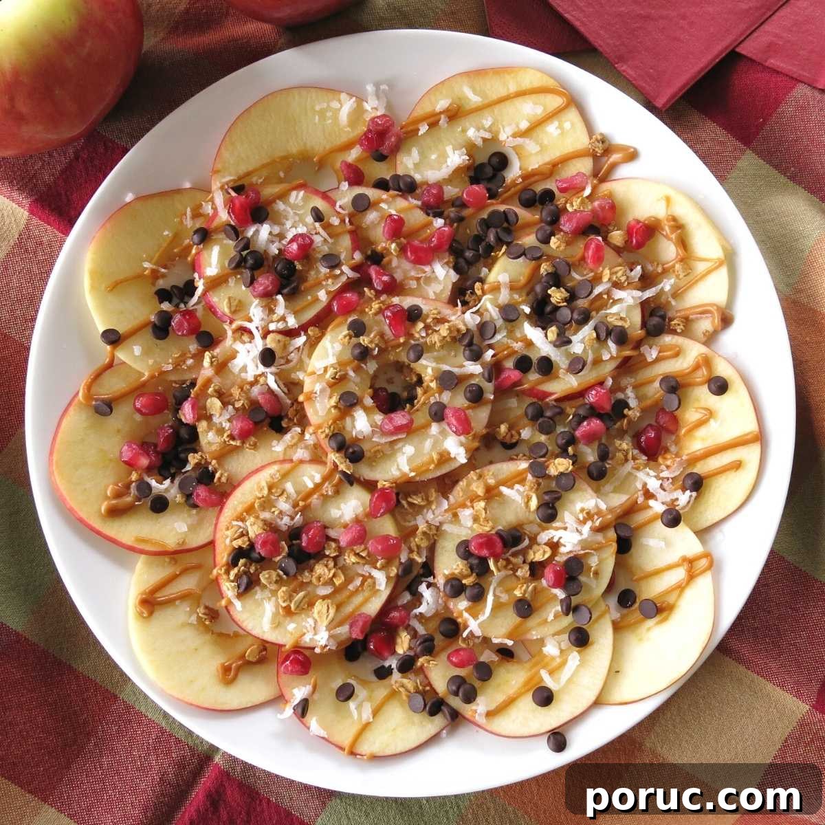 Healthy apple nachos topped with almond butter, granola, chocolate chips, and coconut on a plate.