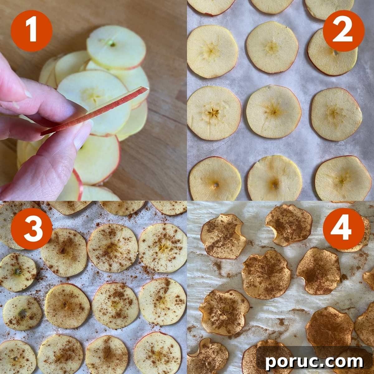 Crispy Oven-Dried Apple Chips Recipe for Snacking 4 Collage of pictures to make oven-dried apple chips. 1) hand holding a ⅛ inch sliced apple, 2) apples on baking sheet, 3) apples sprinkled with cinnamon 4) baked apple chips on sheet pan.