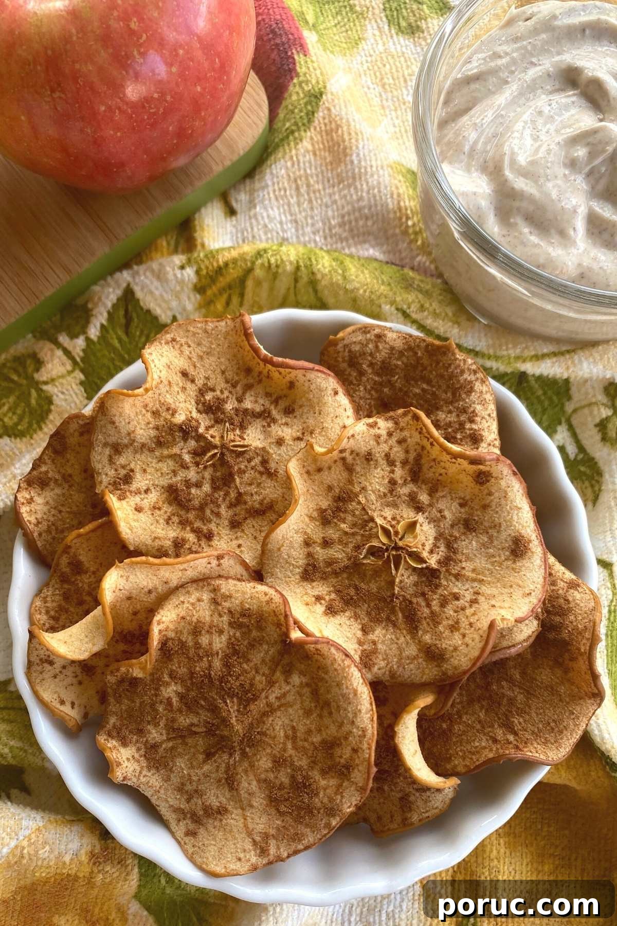 Crispy Oven-Dried Apple Chips Recipe for Snacking 8 Baked apple chips with cinnamon in a bowl with yogurt dip behind it.