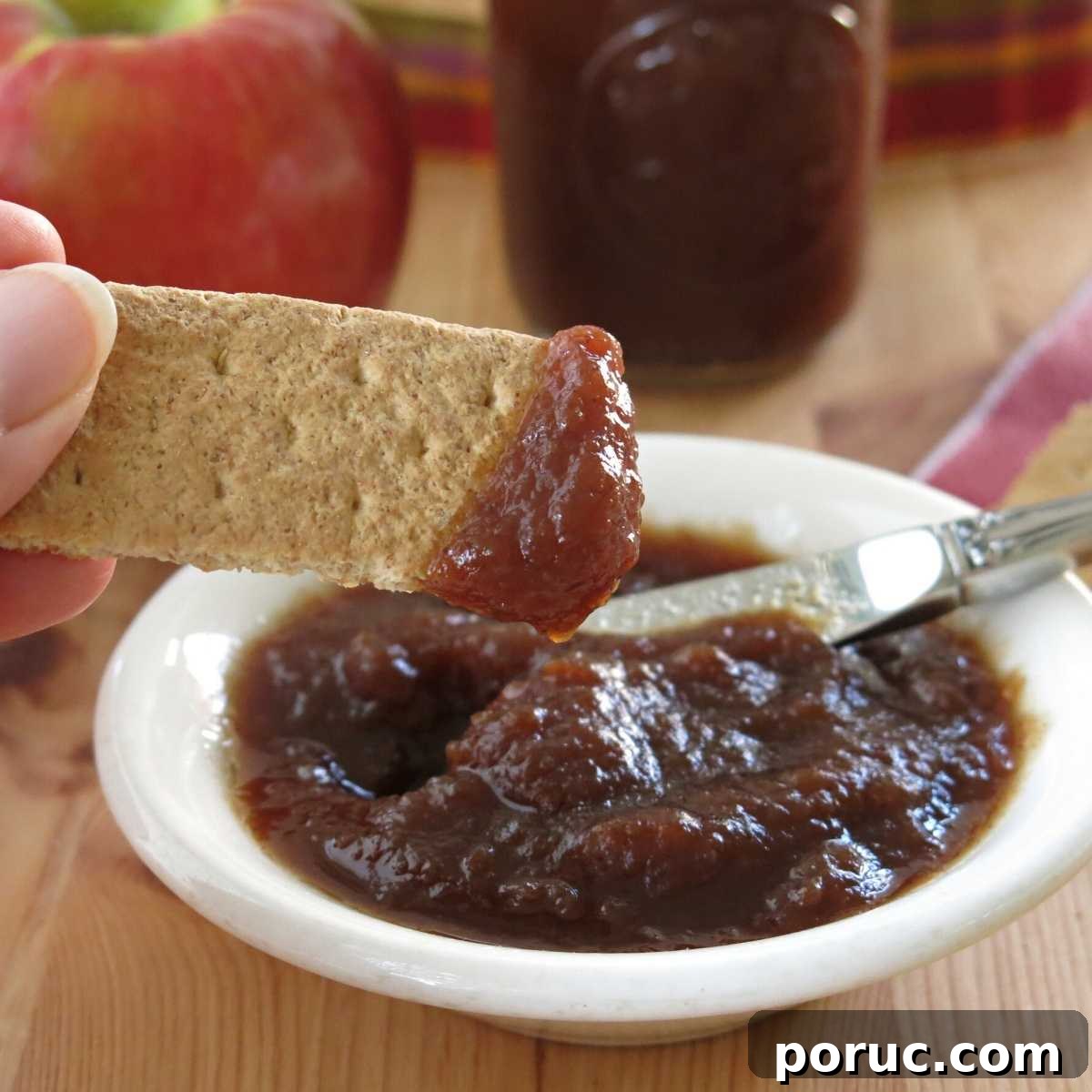 Crock-pot apple butter with low sugar on a graham cracker with a bowl of it below.