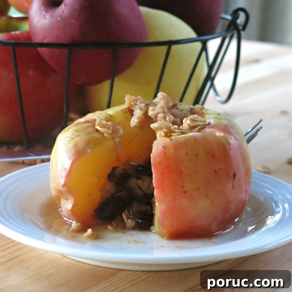 Easy microwave baked apple on a plate.
