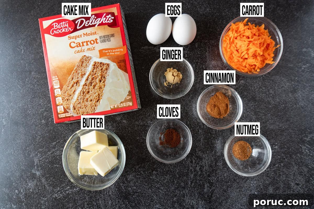 carrot cake cookie ingredients labeled and in individual bowls.
