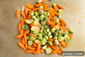 Spicy Honey-Roasted Brussels Sprouts and Carrots 14 This is a picture of the veggies on a baking tray being seasoned.