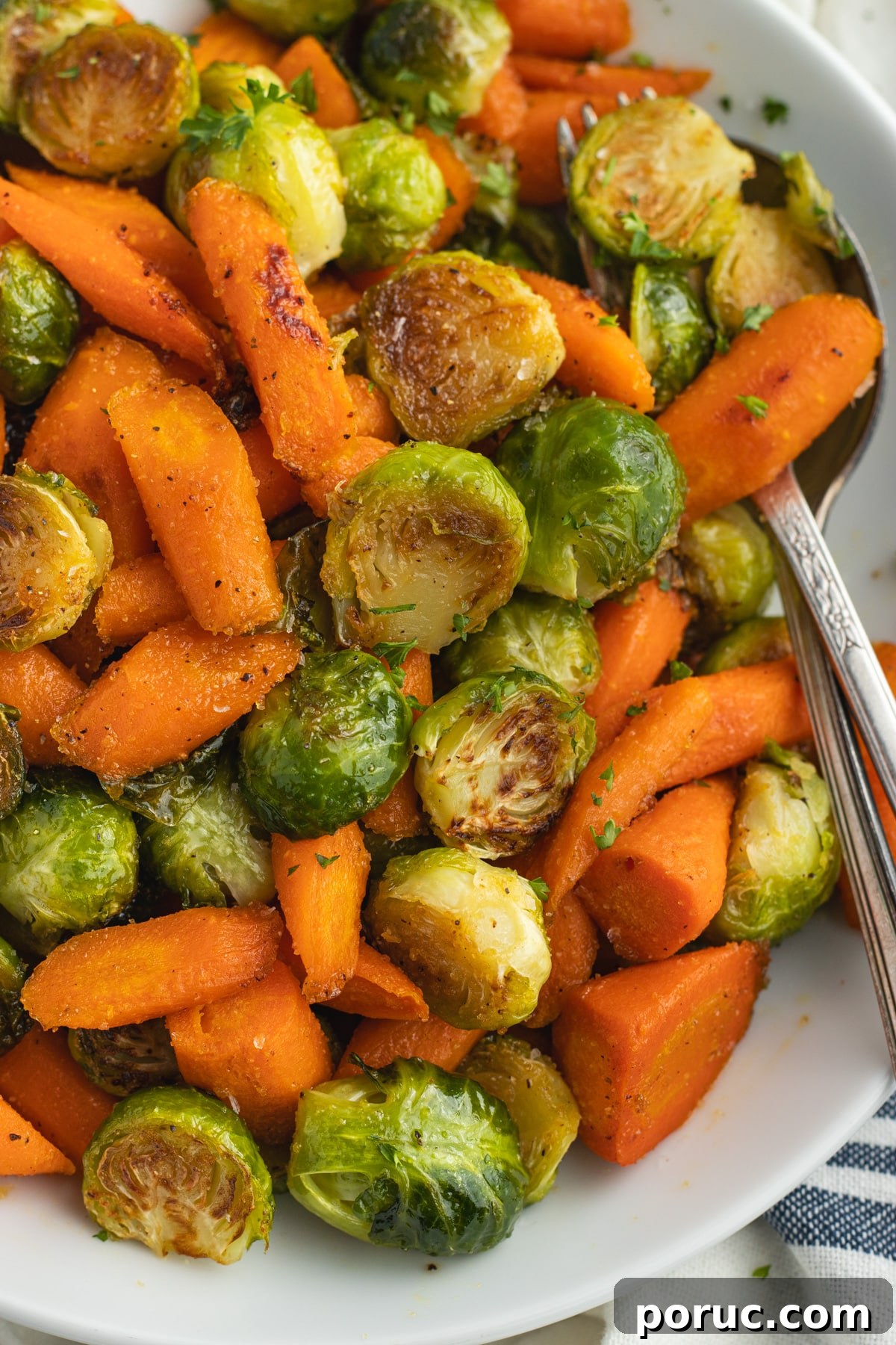 Spicy Honey-Roasted Brussels Sprouts and Carrots 3 This is a close up picture of roasted veggies.