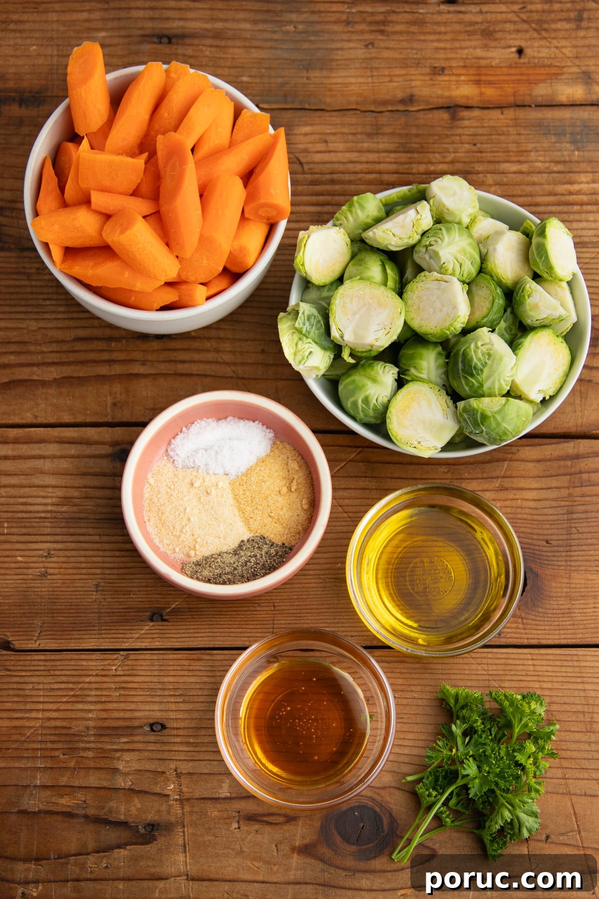 Spicy Honey-Roasted Brussels Sprouts and Carrots 4 This is a picture of all the ingredients needed to make this recipe.