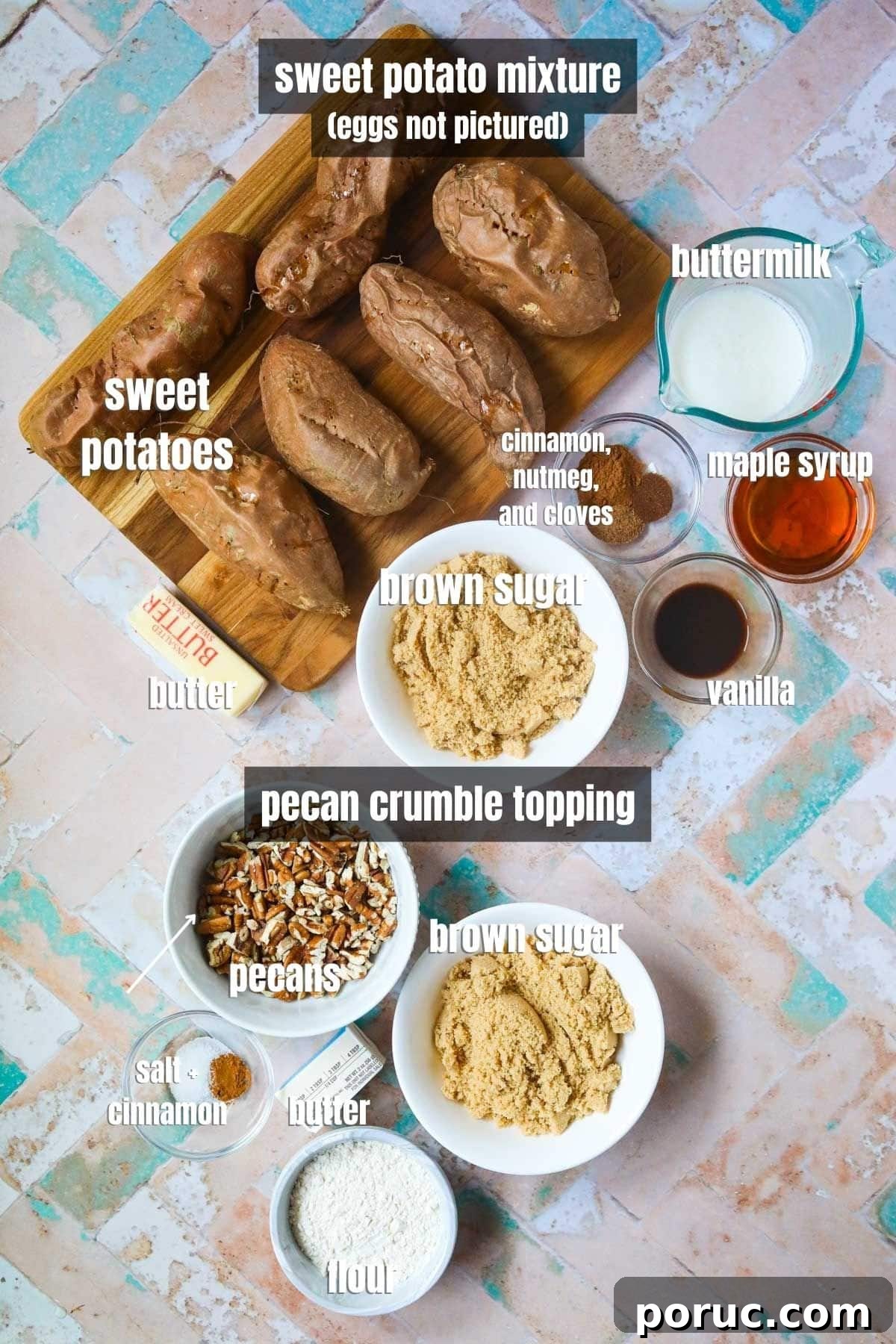 Southern Sweet Potato Casserole with Pecan Crumble Recipe 3 Ingredients for making southern sweet potato casserole arranged on a tile surface.